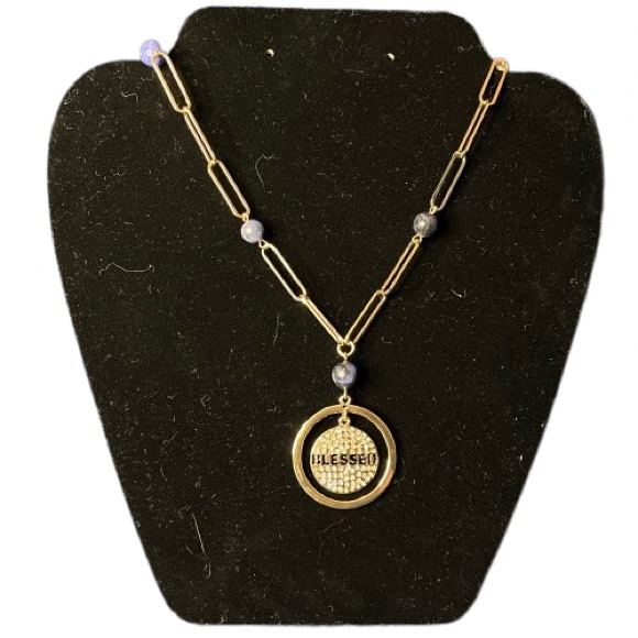 Jewelry - ‘Blessed’ Gold Tone Paper Clip Statement Necklace with Blue Beading